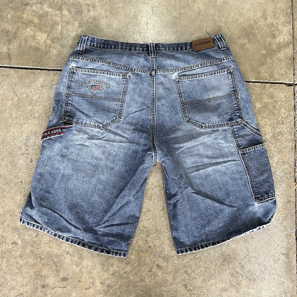 US Polo Assn Mens 40 Denim Carpenter Shorts Blue Baggy Distressed Y2K Skater